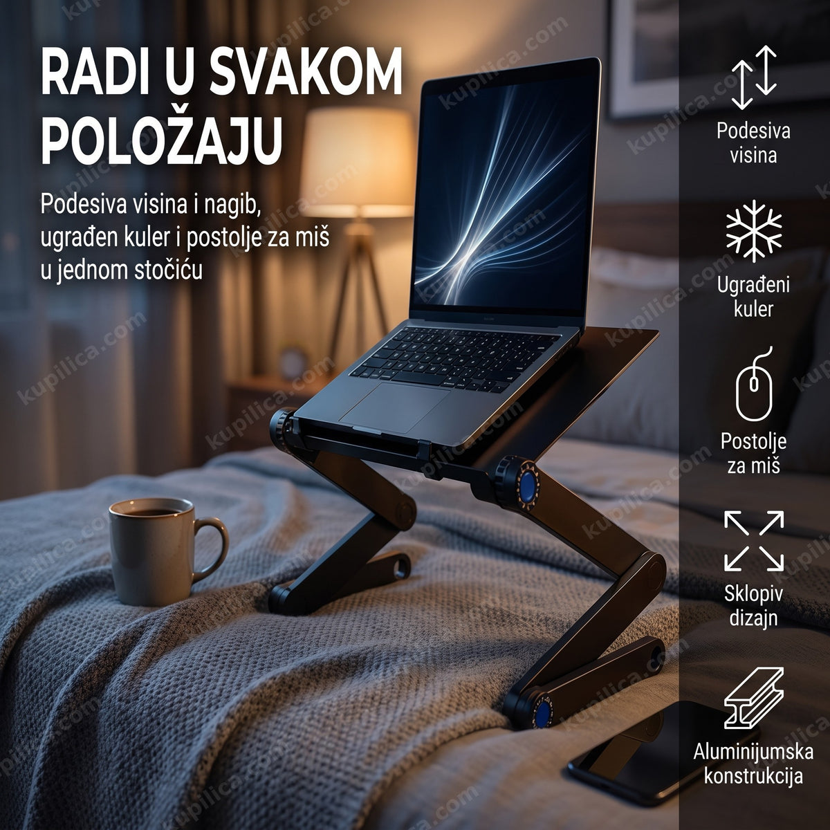Sto za laptop sa kulerom T9 na krevetu sa otvorenim laptopom