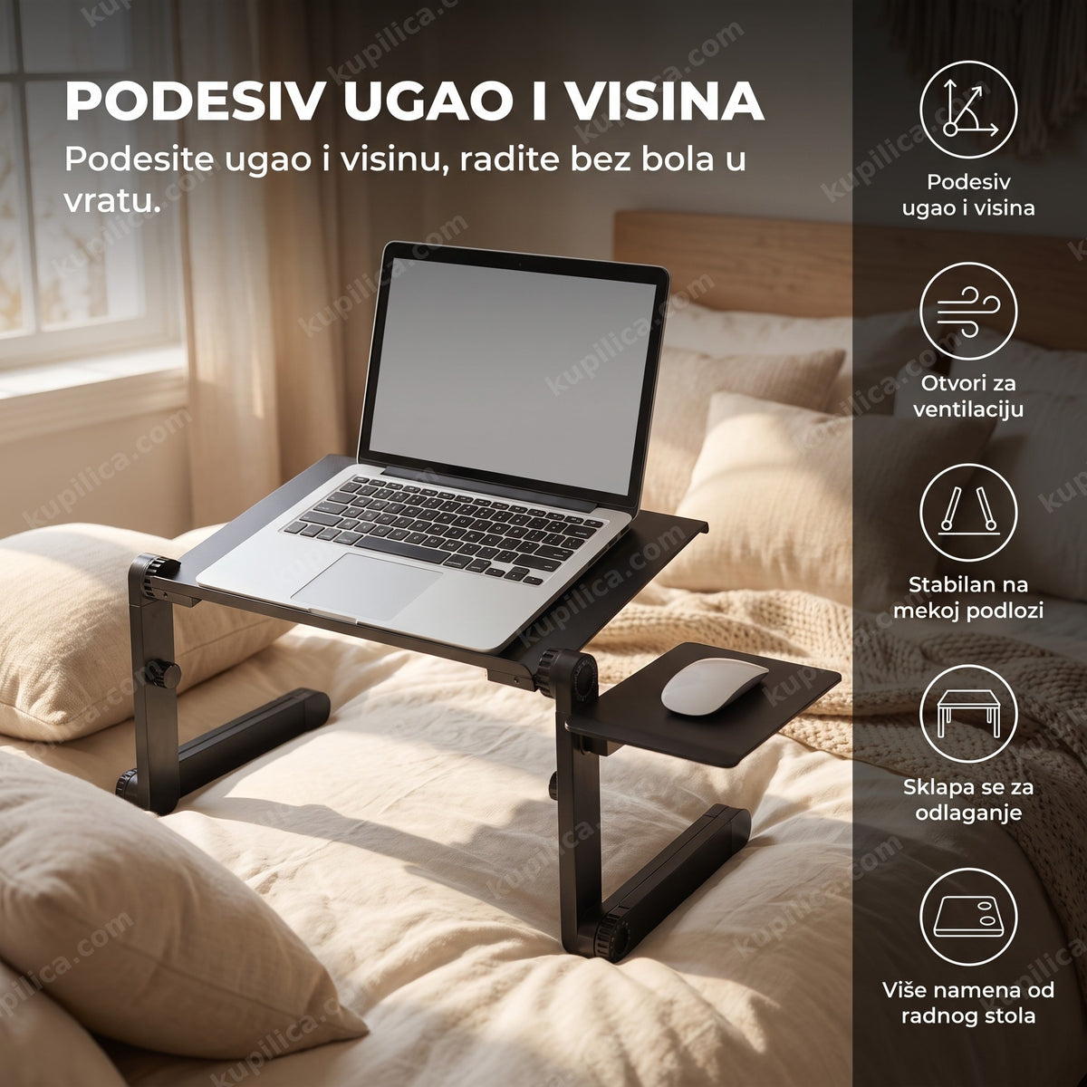 sto za laptop u krevetu podesiv i sklopiv sa laptopom i mišem na dušeku, benefiti proizvoda