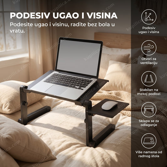 sto za laptop u krevetu podesiv i sklopiv sa laptopom i mišem na dušeku, benefiti proizvoda
