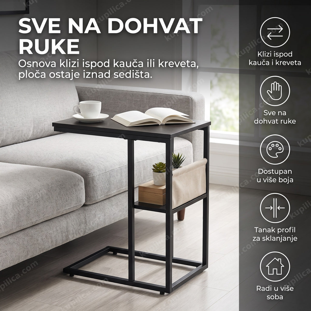 crni stočić c oblika pored kauča sa knjigom i šoljom kafe