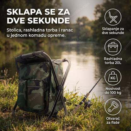 kamuflažna stolica i termo ranac 3u1 na obali reke tokom pecanja, benefiti proizvoda