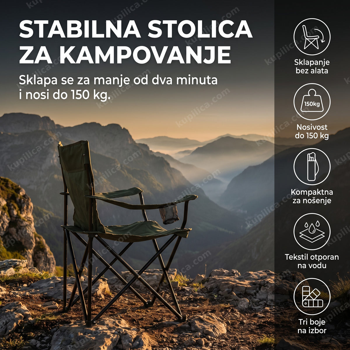 maslinasto zelena stolica za kampovanje na planinskom vidikovcu, benefiti proizvoda