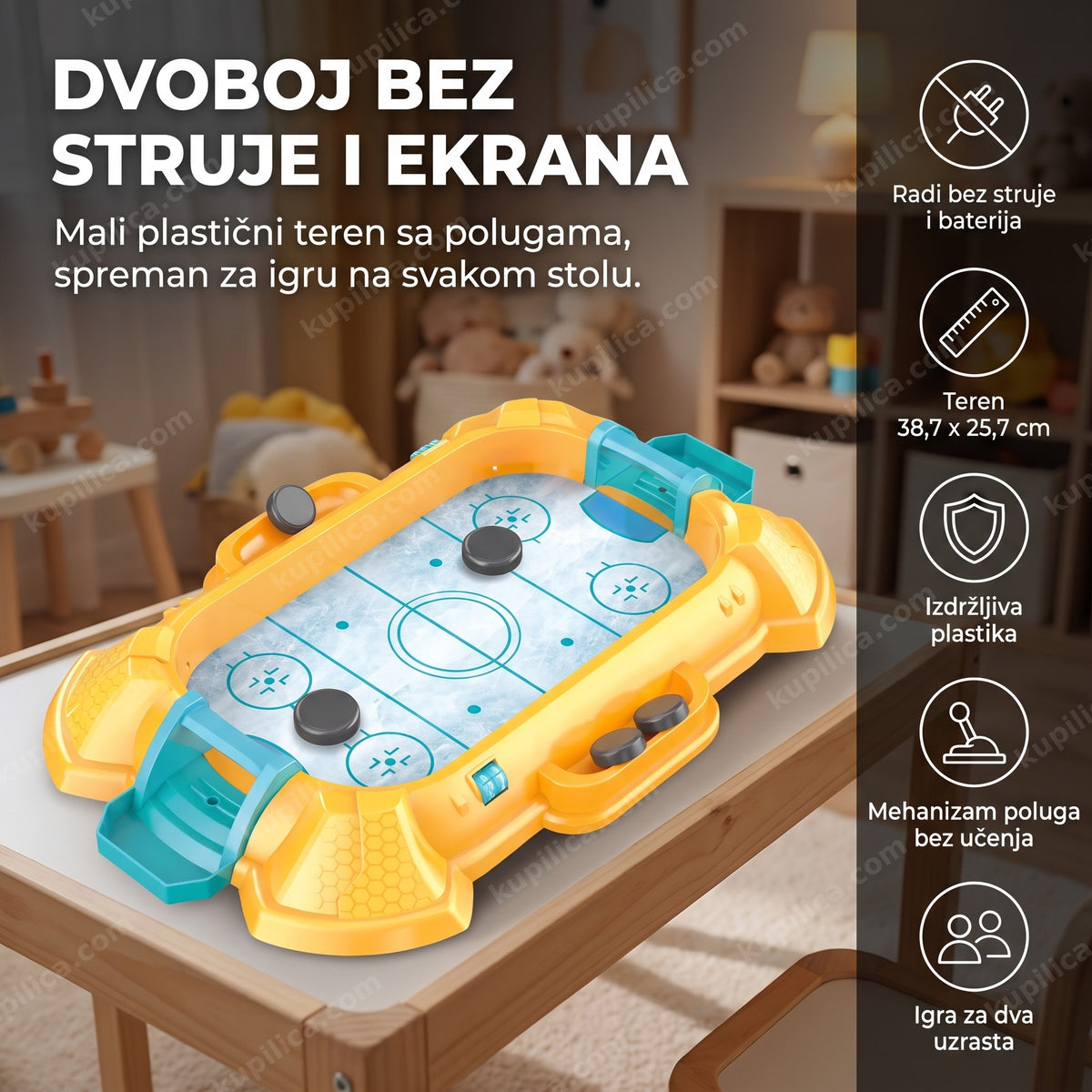 žuta stona hokej igra sa polugama, golovima i pakovima na stolu