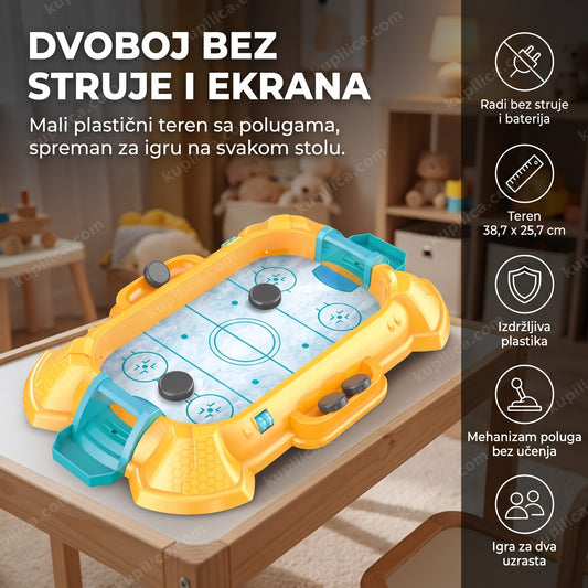 žuta stona hokej igra sa polugama, golovima i pakovima na stolu