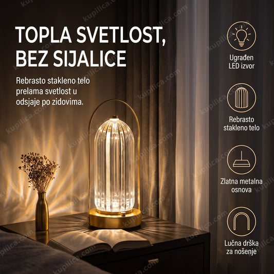 Zlatna stona lampa fenjer sa rebrastim staklom na noćnom stočiću, benefiti proizvoda