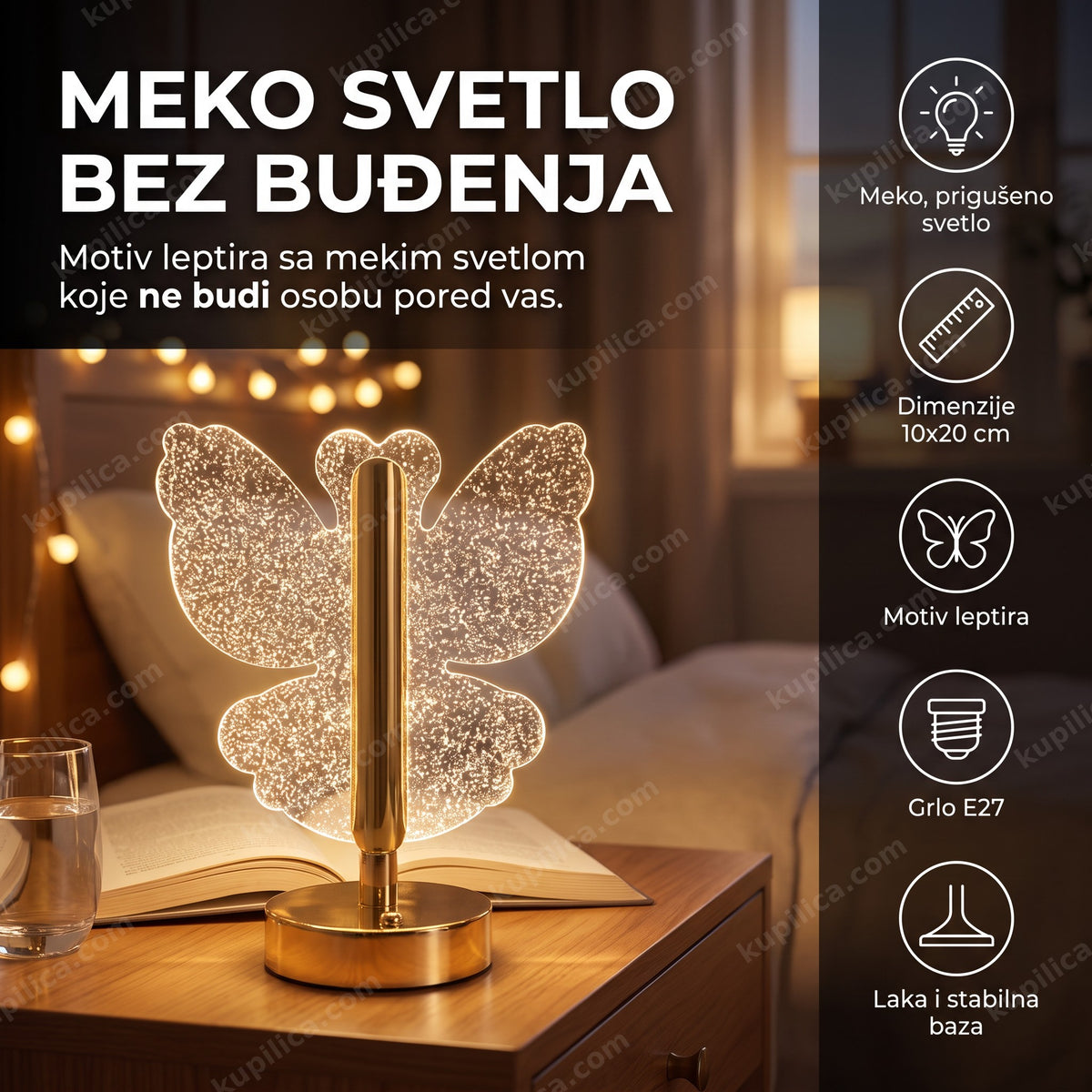 Stona lampa leptir na noćnom stočiću, meka svetlost uveče, prikaz benefita