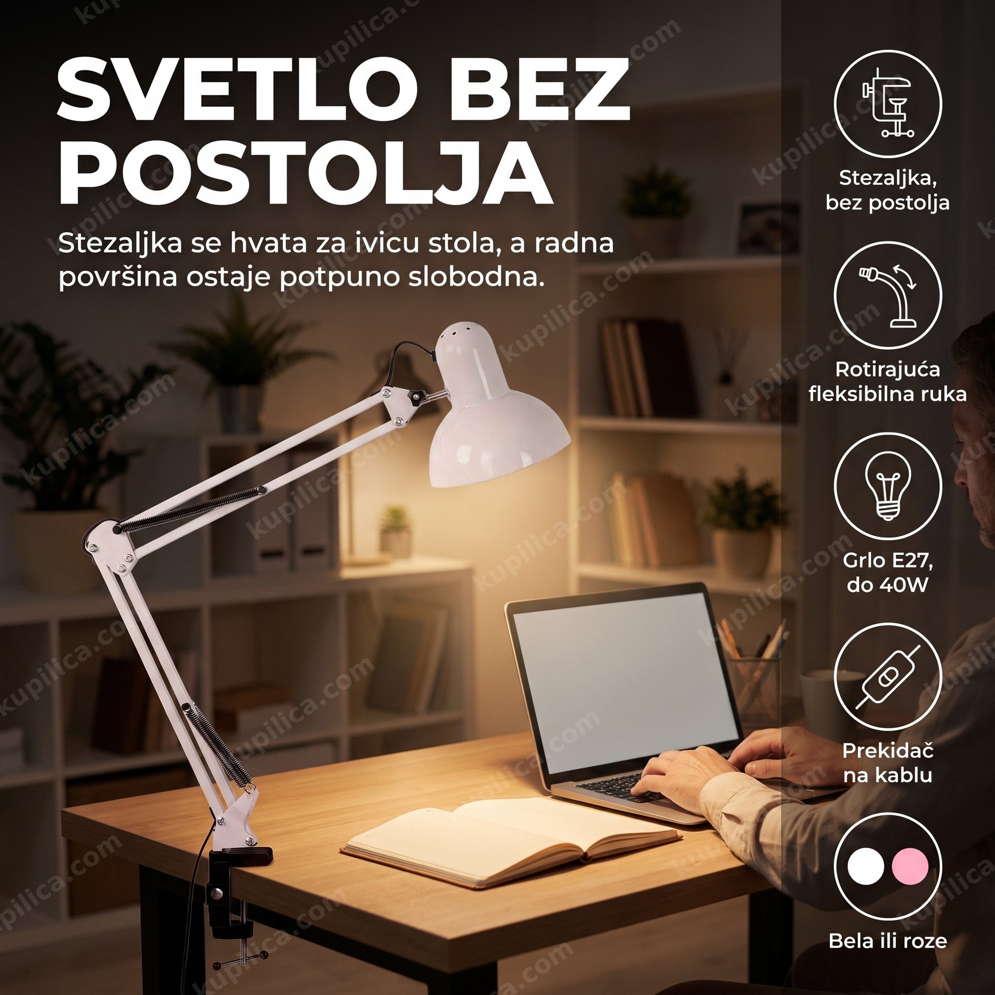 Stona lampa sa stezaljkom E27 pričvršćena za ivicu radnog stola