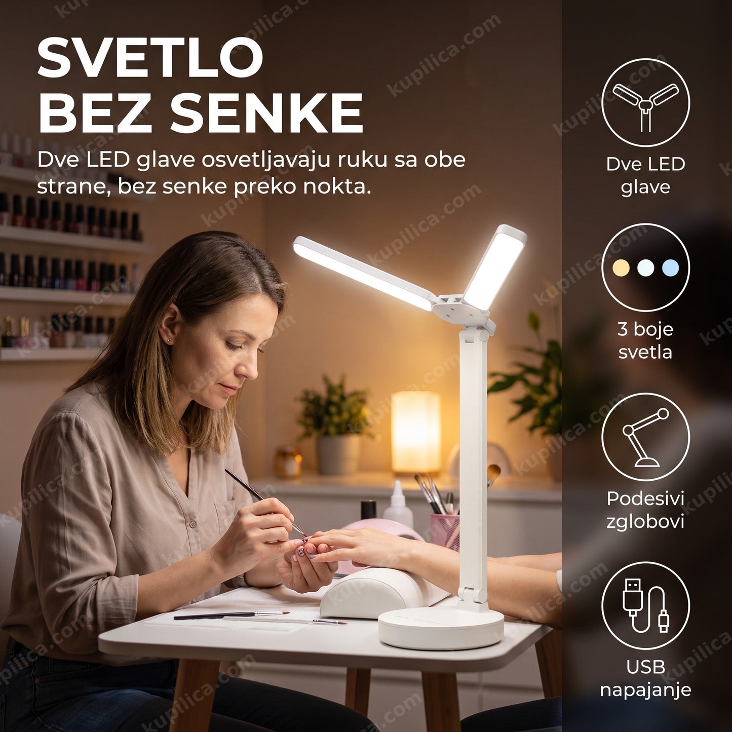 stona led lampa sa duplom glavom — manikirka radi nokte uz dvostruko osvetljenje, benefiti proizvoda