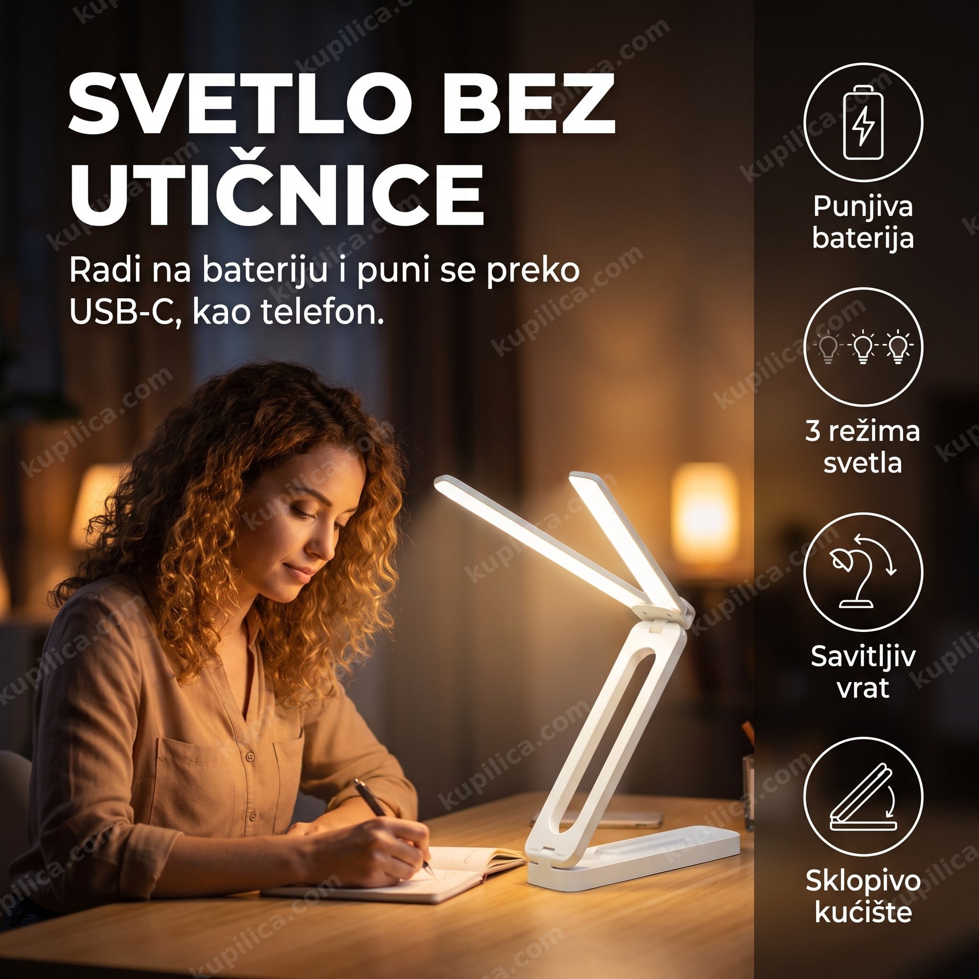 stona punjiva sklopiva lampa jn-105 — osoba čita za stolom uveče uz toplo svetlo, benefiti proizvoda