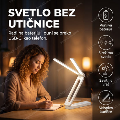 stona punjiva sklopiva lampa jn-105 — osoba čita za stolom uveče uz toplo svetlo, benefiti proizvoda