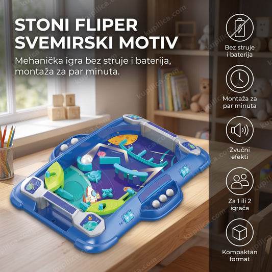 Stoni fliper sa svemirskim ilustracijama na stolu u dečjoj sobi, benefiti proizvoda