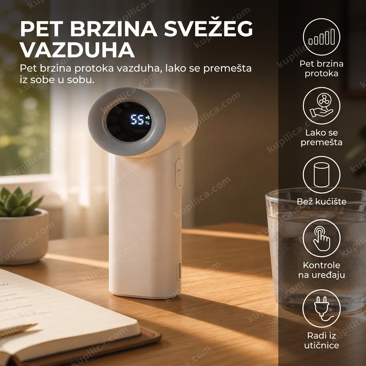 Bež stoni ventilator bez elisa na radnom stolu, prikaz benefita proizvoda