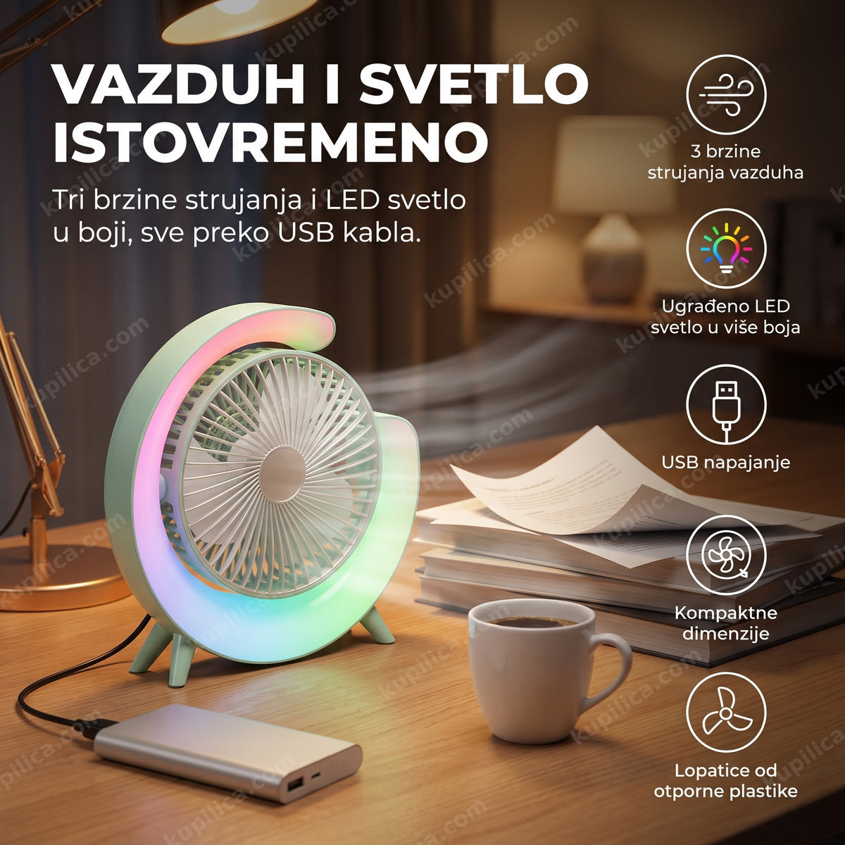 stoni ventilator sa led svetlom na radnom stolu uveče, benefiti proizvoda