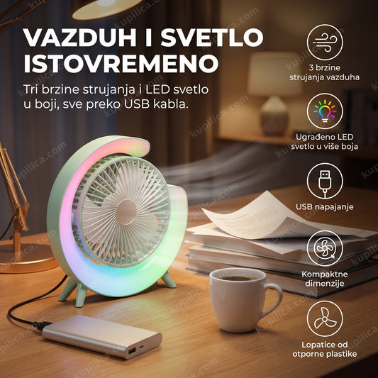 stoni ventilator sa led svetlom na radnom stolu uveče, benefiti proizvoda