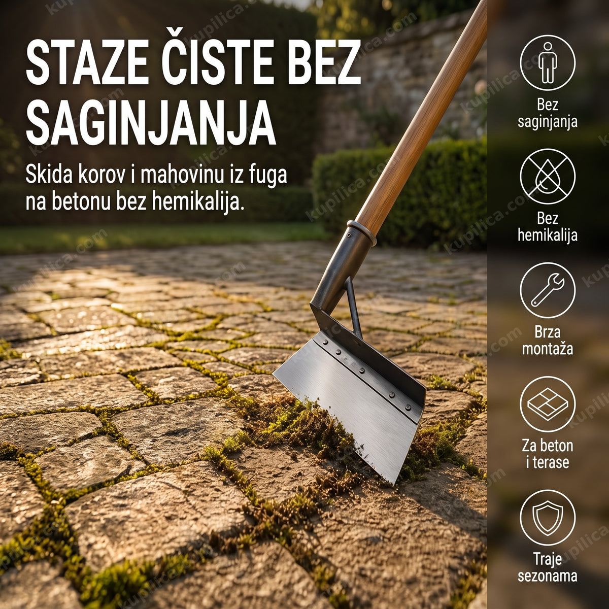 strugač za korov i mahovinu — glava alata čisti mahovinu iz fuge na betonskoj stazi