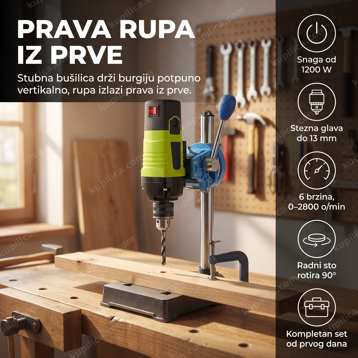 stubna bušilica 1200w na radnom stolu u radionici, benefiti proizvoda