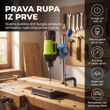 stubna bušilica 1200w na radnom stolu u radionici, benefiti proizvoda