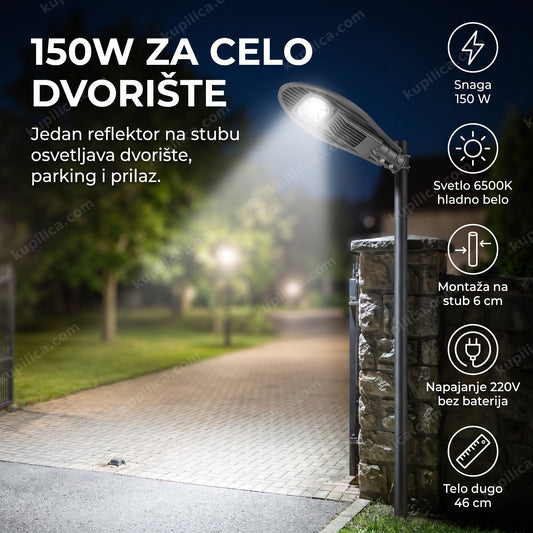 stubni led reflektor montiran na metalni stub osvetljava dvorište noću