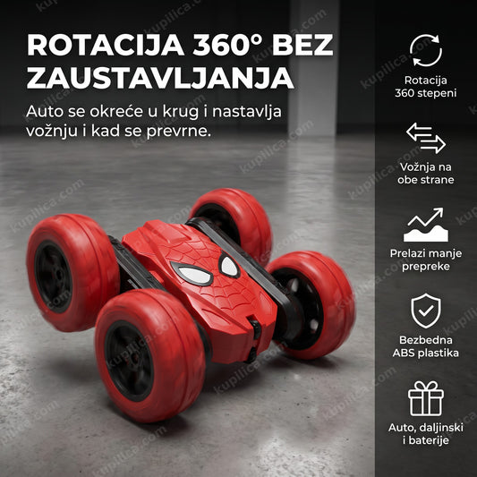 crveni stunt auto na daljinski upravljač sa gumenim točkovima rotira se na podu