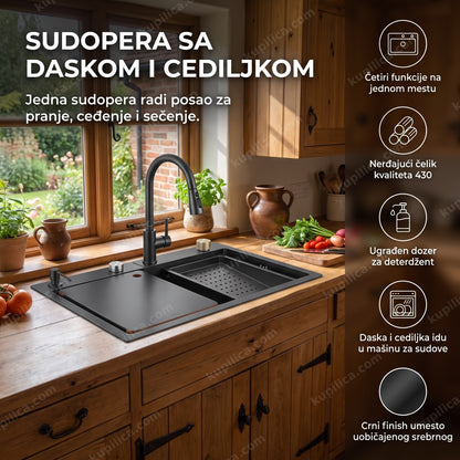 crna sudopera od nerđajućeg čelika sa daskom i cediljkom u seoskoj kuhinji, benefiti proizvoda