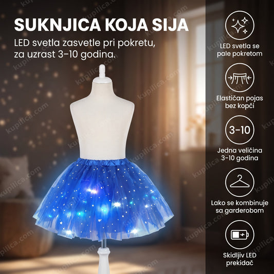 Suknjica sa LED svetlima za devojčice na stalku u mraku — benefiti proizvoda