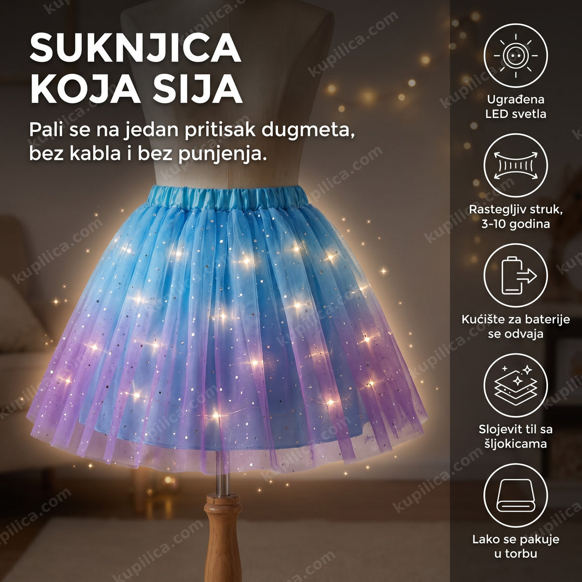 suknjica sa led svetlima na stalku, sija u polumraku, benefiti proizvoda
