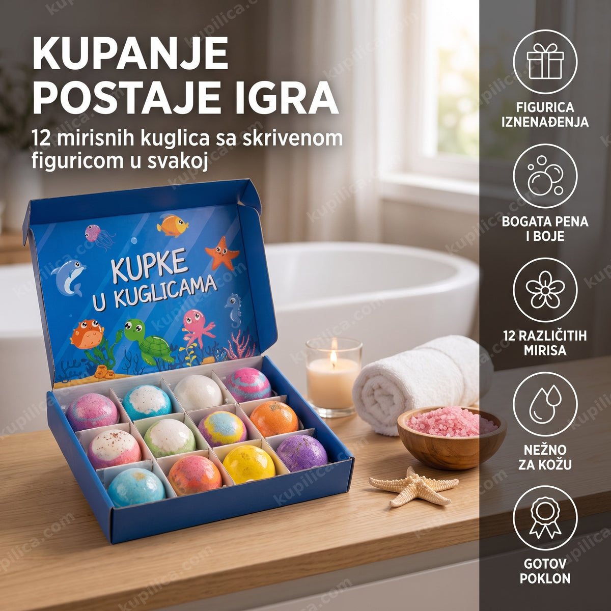 šumeće kugle za kupanje sa iznenađenjem za decu — otvorena poklon kutija sa 12 kuglica