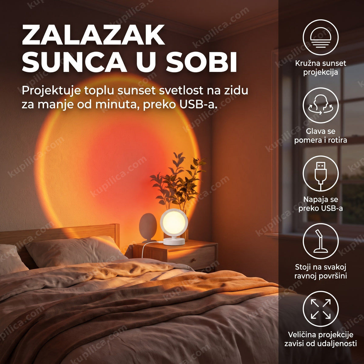 sunset lampa projektuje toplu narandžastu svetlost na zidu spavaće sobe, benefiti proizvoda