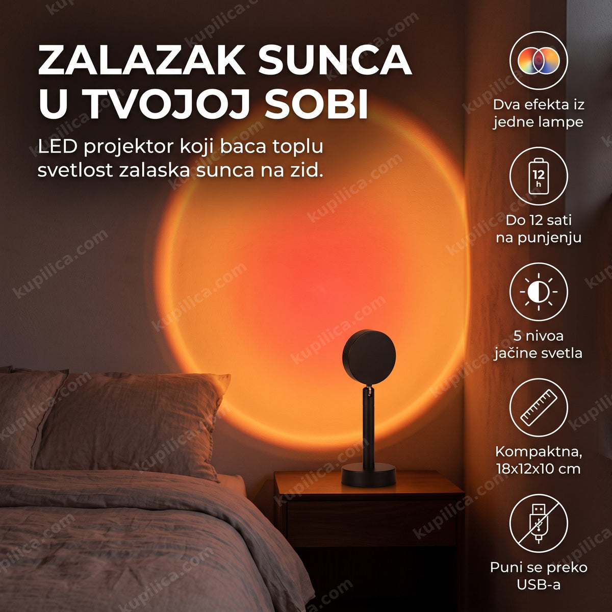 sunset lampa projektuje zalazak sunca na zid u zamračenoj sobi, benefiti proizvoda