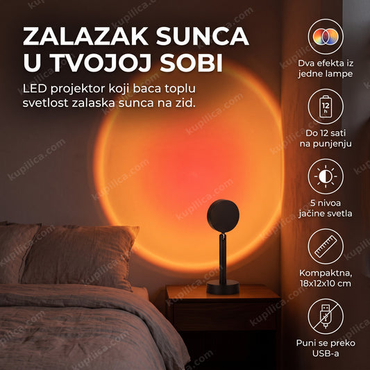 sunset lampa projektuje zalazak sunca na zid u zamračenoj sobi, benefiti proizvoda