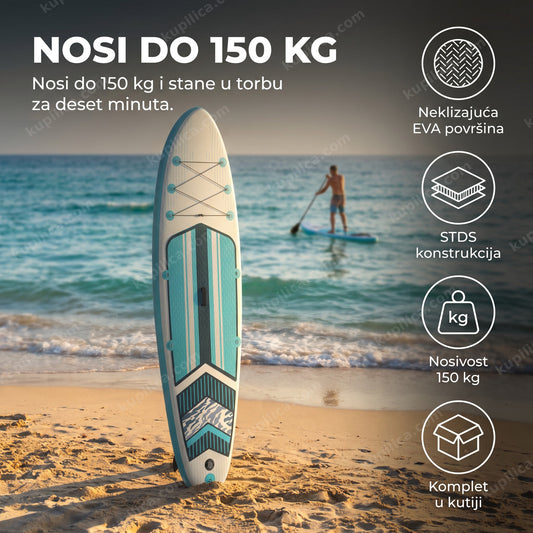 sup daska na naduvavanje 320x80cm tirkizne boje naslonjena na obali mora, prikaz benefiti proizvoda