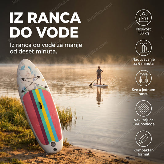 sup daska na naduvavanje sa dizajnom jednoroga naslonjena na obalu mirnog jezera u zoru, prikaz benefiti proizvoda