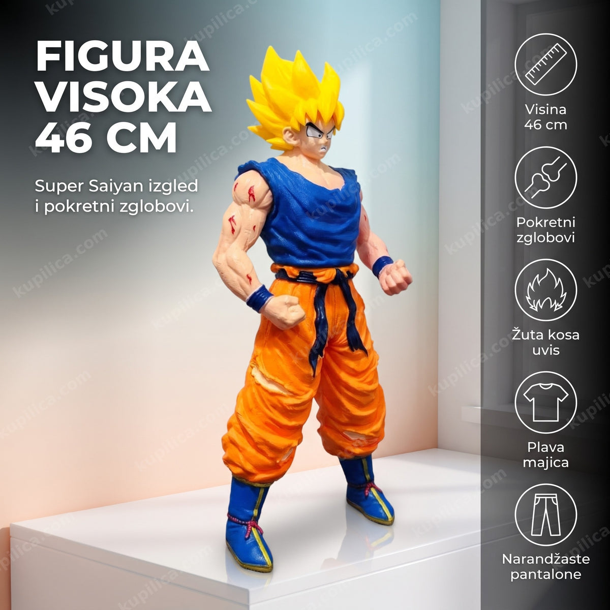 super saiyan goku akciona figura 46 cm sa žutom kosom na polici u sobi