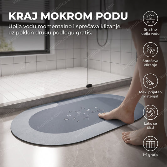 Super upijajuća podloga za kupatilo ispred tuš kabine upija vodu sa poda, prikazuje benefite proizvoda