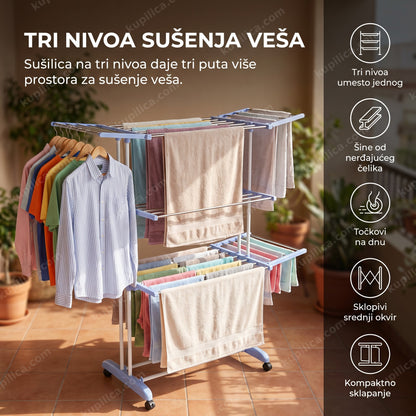 sušilica za veš na 3 nivoa puna okačene odeće na terasi, benefiti proizvoda