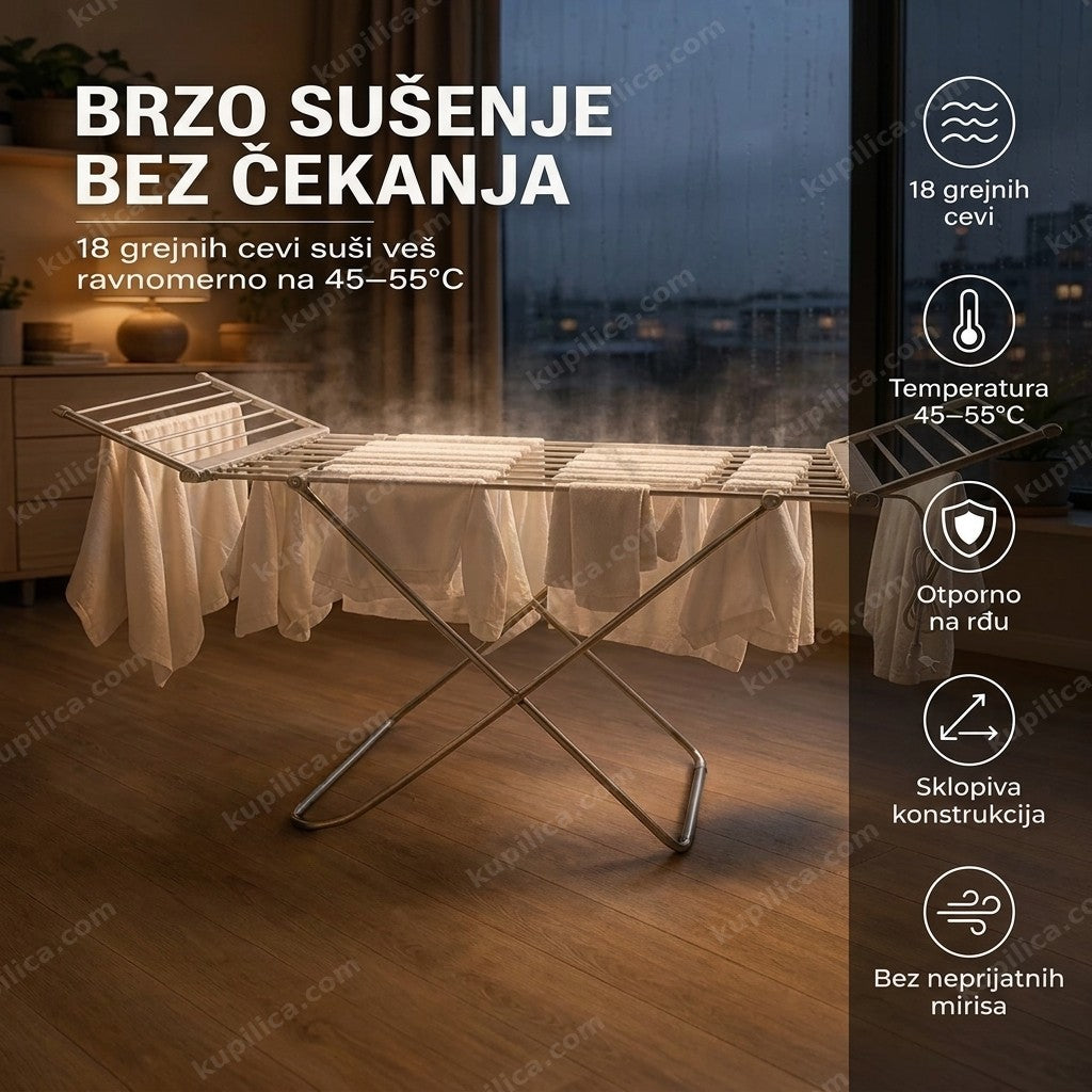 Sušilica za veš sa 18 grejnih cevi puna okačenog veša u dnevnoj sobi