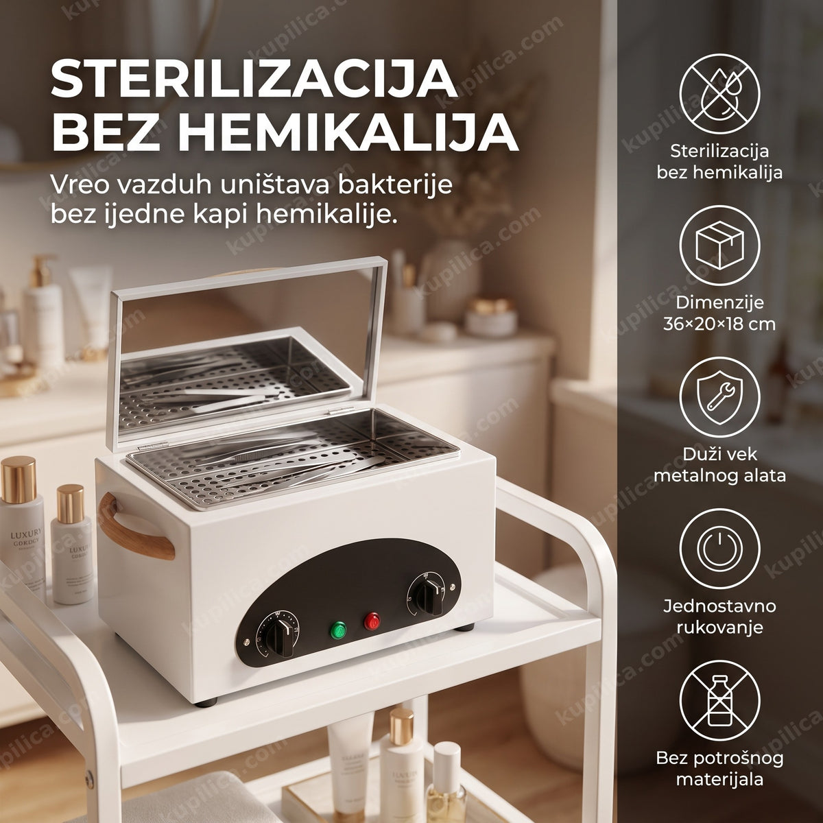 suvi sterilizator za kozmetički alat u salonu lepote sa prikazom benefita proizvoda