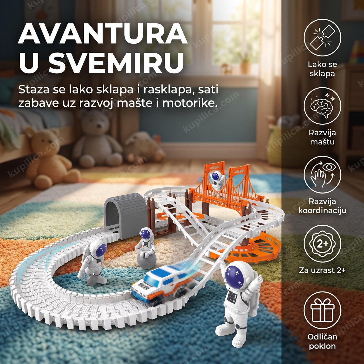 Svemirska stanica staza sa autićem i astronautima sklopljena na podu dečije sobe, prikazuje benefite proizvoda