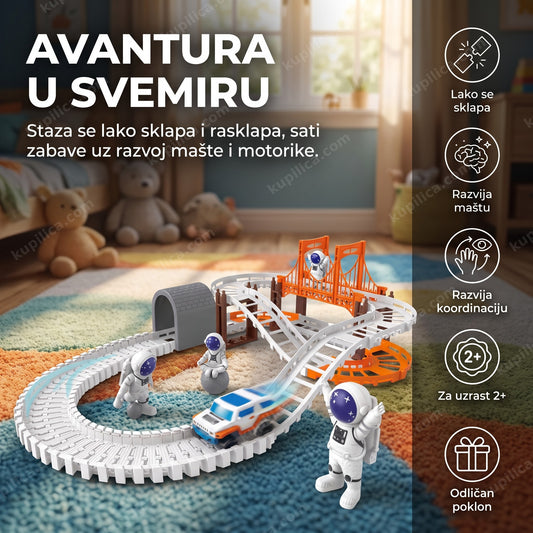 Svemirska stanica staza sa autićem i astronautima sklopljena na podu dečije sobe, prikazuje benefite proizvoda