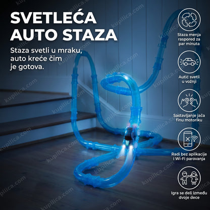plava svetleća auto staza sa autićem koji svetli farovima u mračnoj sobi, benefiti proizvoda