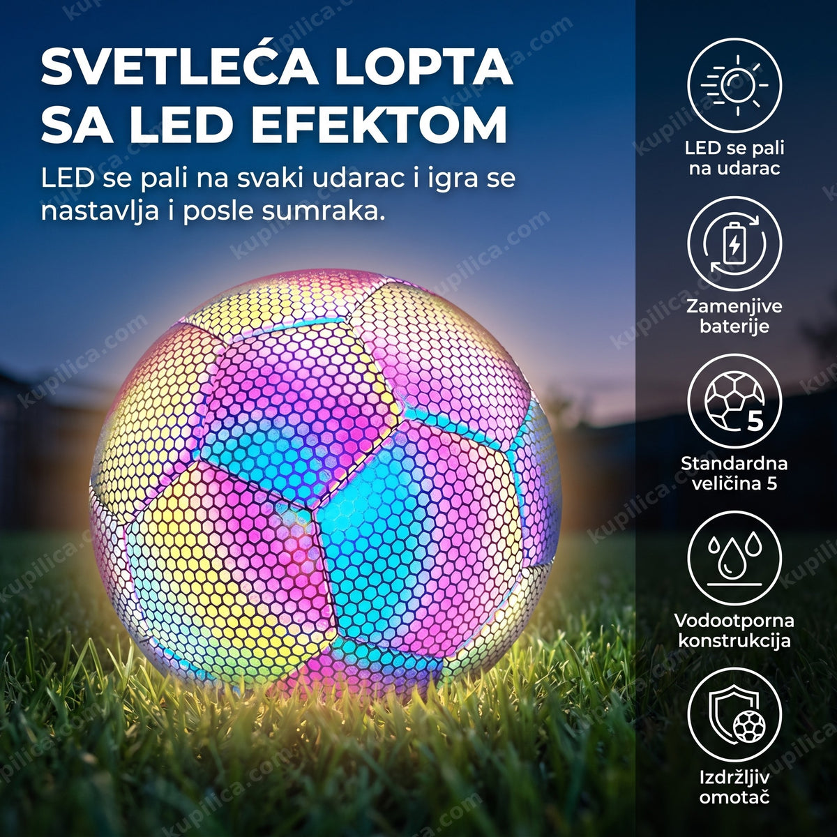 Svetleća fudbalska lopta sa LED efektom na travnjaku u sumrak i benefiti proizvoda