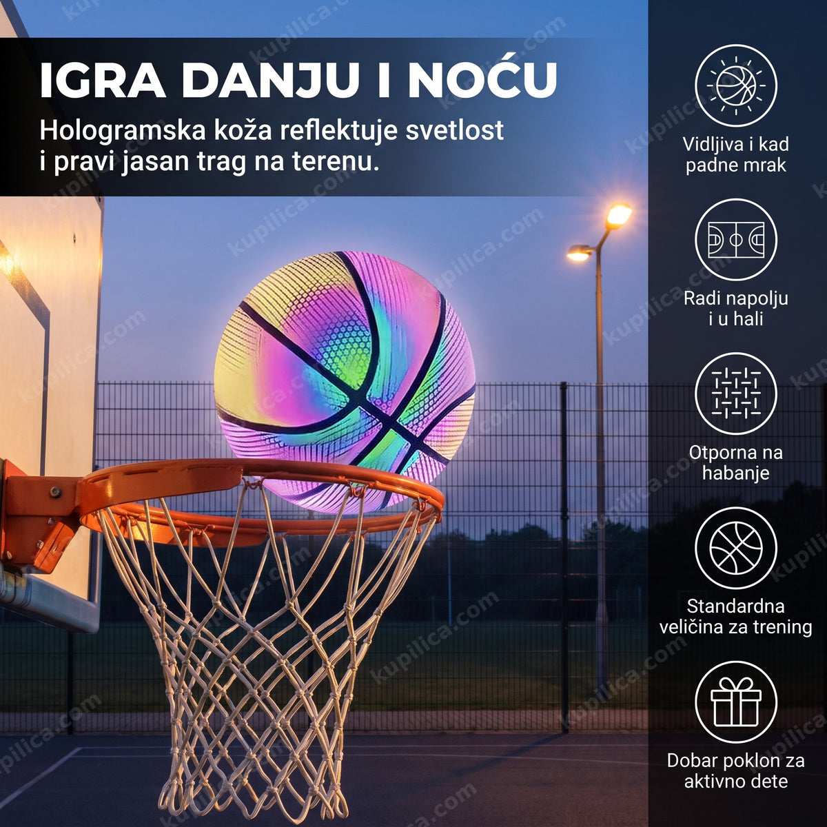 Hologramska svetleća košarkaška lopta blista u sumrak na spoljnom terenu