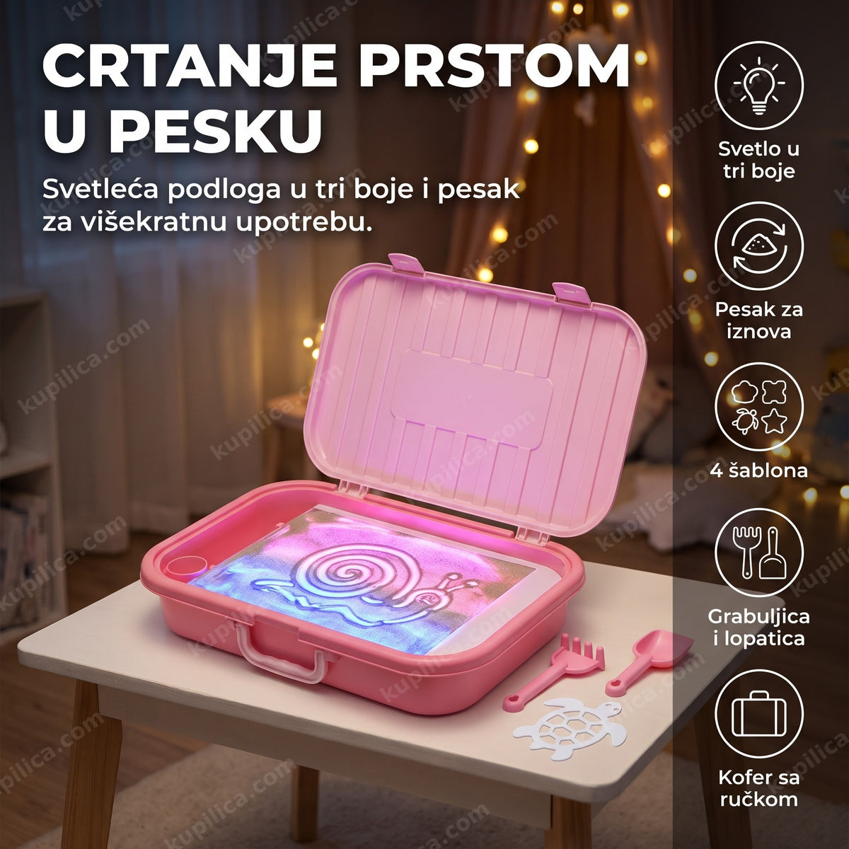 svetleća kutija sa peskom za crtanje sa roze svetlom i šablonom kornjače na stolu