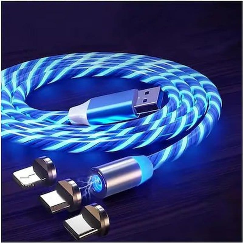 svetleći magnetni punjač za telefon sa protočnim LED kablom i tri konektora