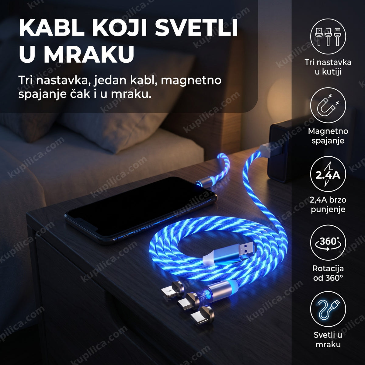 svetleći magnetni kabl za punjač telefona sa tri nastavka u mraku, benefiti proizvoda