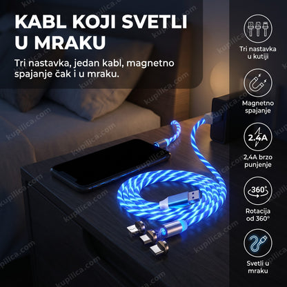 svetleći magnetni kabl za punjač telefona sa tri nastavka u mraku, benefiti proizvoda
