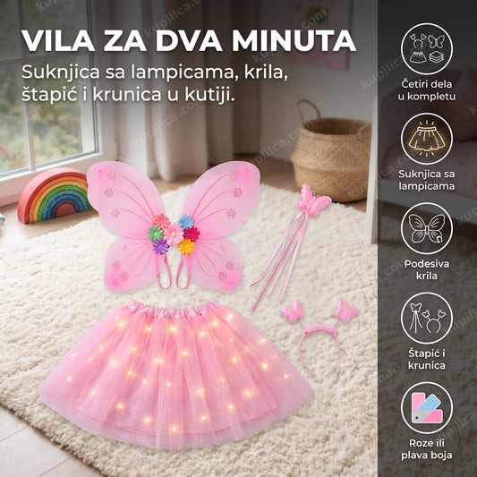 svetleći vilinski kostim za devojčice sa roze krilima suknjicom i štapićem na tepihu
