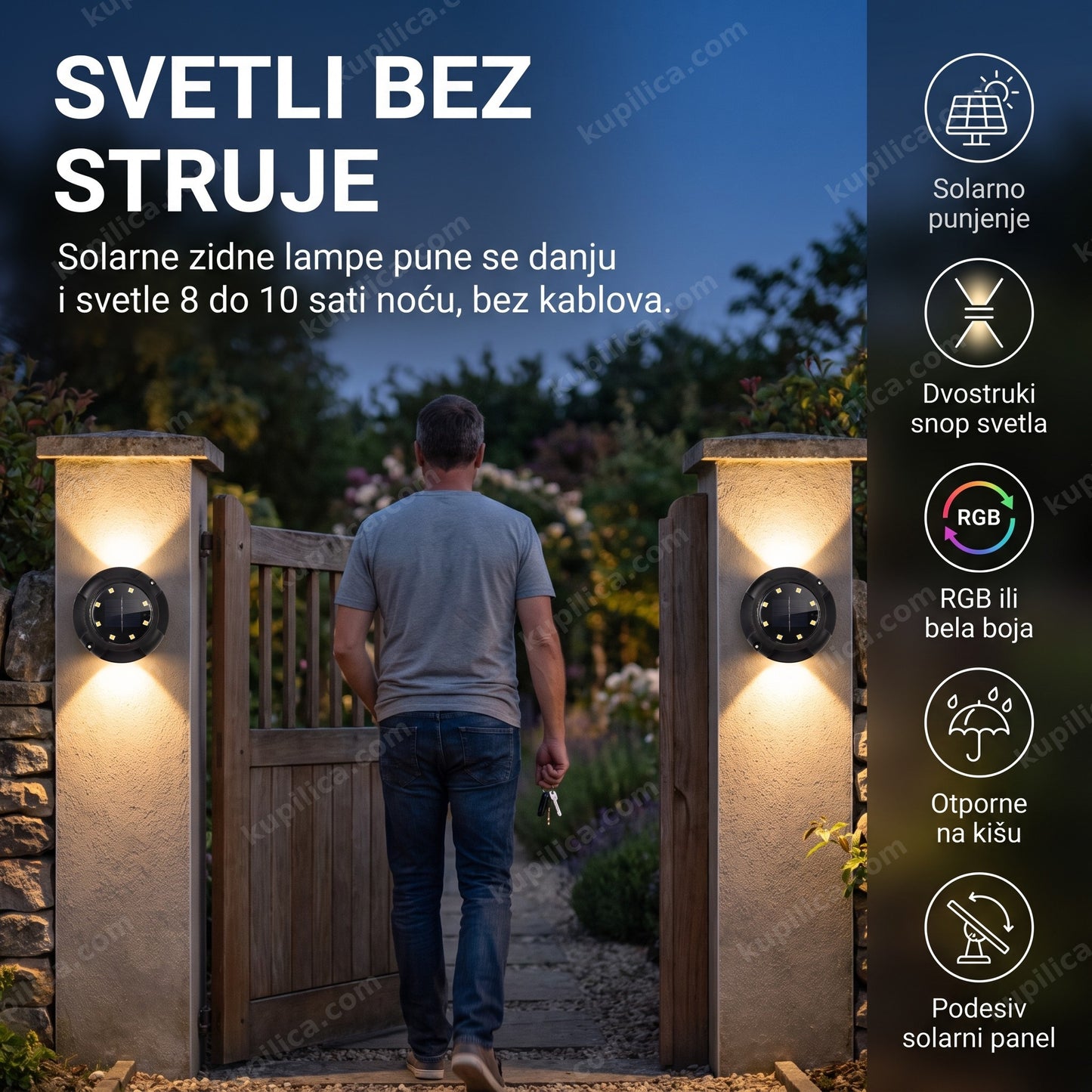svetli bez struje — solarne RGB zidne lampe DiscLight osvetljavaju kapiju dvorišta u sumrak, benefiti proizvoda