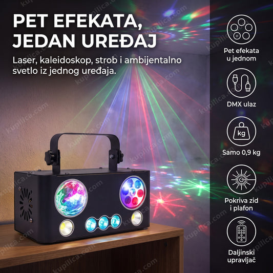 Crni uređaj za svetlosne efekte 5u1 baca lasere na kućnoj žurki