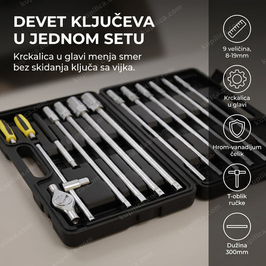 set t-ključeva sa krckalicom otvoren u koferu za alat, devet veličina